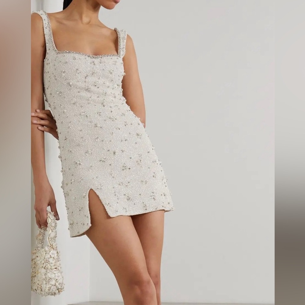 Clio Peppiatt Embellished Stretch-Tulle Mini Dress (Ivory) - Small